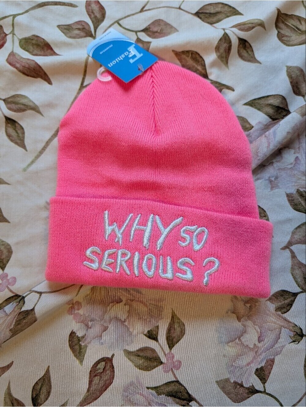 Pink Knit Beanie Hat with 'Why So Serious?' Embroidery